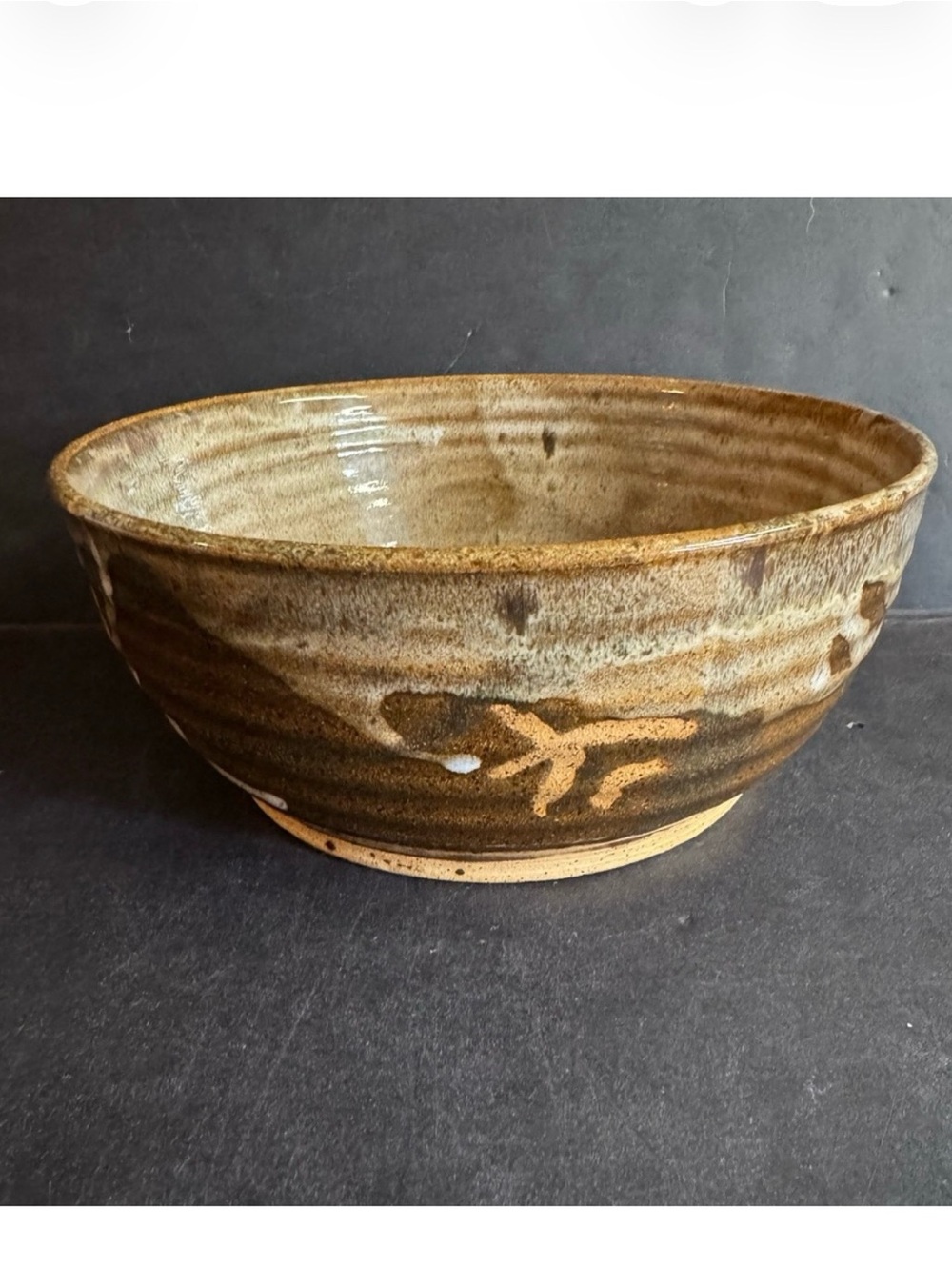 Vtg Stoneware Hand Thrown brown neutral boho glazed bowl with Potter’s Mark.